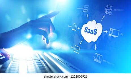 SaaS - Software as a service (on demand). Internet and technology concept on virtual screen.