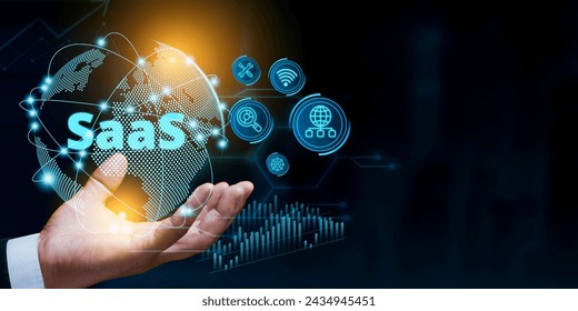 SaaS - software as a service. Technology and network concept. Code line of programming internet application