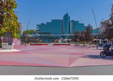 Sabac, Serbia - July 22, 2022: City Square Kids Playground Pedestrian Area With Modern Four Star Hotel Sloboda Freedom.