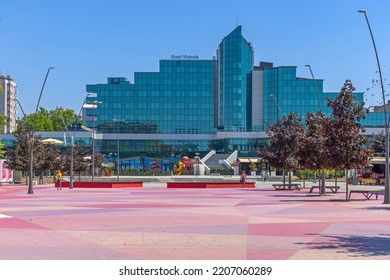 Sabac, Serbia - July 22, 2022: City Square Kids Playground Pedestrian Area With Modern Four Star Hotel Sloboda Freedom.