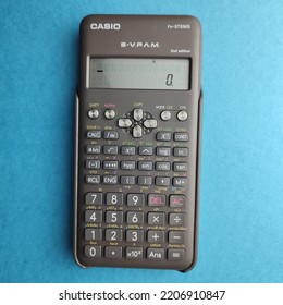 Sabah, Malaysia - 27 September 2022: On A Blue Background, A Casio Fx-570MS 2nd Edition Calculator. 