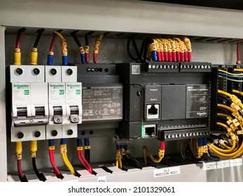 Sabah, Malaysia, January 4 2021 : PLC Programming Logical Control For Water Treatment Plant Panel.