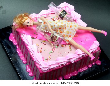 Sabah, Malaysia-July 18, 2019:Pink Cake With Barbie On Top Of Cake . For Bachelorette Party 