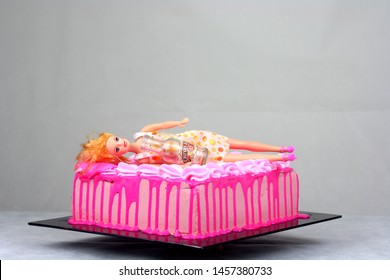 Sabah, Malaysia-July 18, 2019:Pink Cake With Barbie On Top Of Cake . For Bachelorette Party 