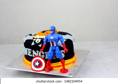 Sabah, Malaysia-July 19, 2019: Avengers Captain America Inspired Cake For Kid Birthday Party.