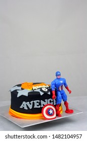 Sabah, Malaysia-July 19, 2019: Avengers Captain America Inspired Cake For Kid Birthday Party.