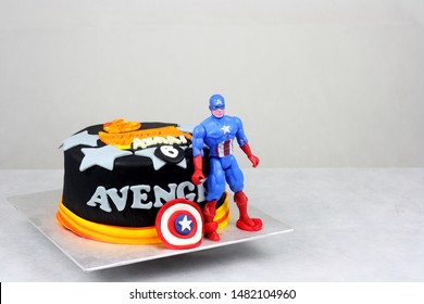 Sabah, Malaysia-July 19, 2019: Avengers Captain America Inspired Cake For Kid Birthday Party.