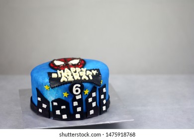 Sabah, Malaysia-July 19, 2019 : Spiderman Mavel Inspired Cake For Kids Birthday Party With Copy Space.