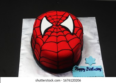 Sabah, Malaysia-March 8 2020 : Spiderman Inspired Fondant Cake Art With Black Background.