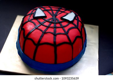 Sabah, Malaysia-May 17, 2018 : Spiderman Inspired Fondant Cake Art With Black Background.