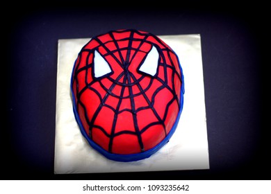 Sabah, Malaysia-May 17, 2018 : Spiderman Inspired Fondant Cake Art With Black Background.