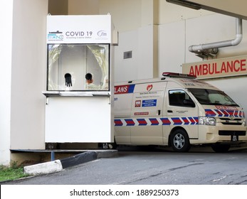 Sabah,Malaysia - January 8 2021 : Outdoor Scenery During Day Time With Covid 19 Screening Cubicle Station At Queen Elizabeth Hospital.