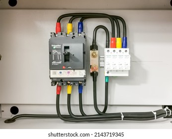 Sabah,Malaysia,April 6 2022 : Selective focus image with noise effect Surge Protection Devices with molded case circuit breaker in electrical cabinet.
