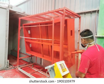 Sabah,Malaysia-January 16 2020 : Selective Focus Image With Noise Effect Electro Static Powder Coating Machine In Factory.