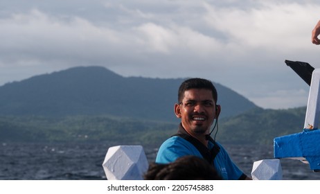 Sabang, Indonesia - July 30, 2022: Sabang Man Tour Guide Portrait Photo On A Boat, Weh Island 