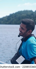 Sabang, Indonesia - July 30, 2022: Sabang Man Tour Guide Portrait Photo On A Boat, Weh Island 