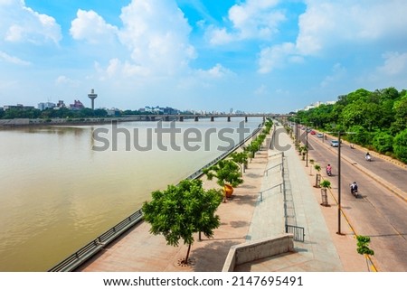 Sabarmati riverfront aerial view in the city of Ahmedabad, Gujarat state of India
