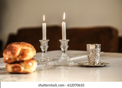  Sabbath Image -  Silver Kiddush Cup, Crystal Candlesticks With Lit Candles, And Challah Challahs

