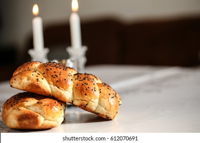  Sabbath Image -  Silver Kiddush Cup, Crystal Candlesticks With Lit Candles, And Challah Challahs

