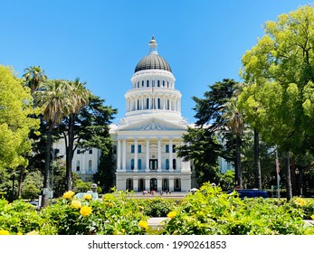 Sac, CA - May 12, 2021: Front View Of State Capitol Building On A Sunny Afternoon. 