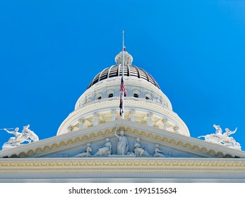 Sac, CA - May 12, 2021: California State Capitol Building Dome Against Blue Sky.