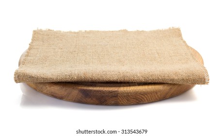 Sack Burlap Napkin At Cutting Board On White Background