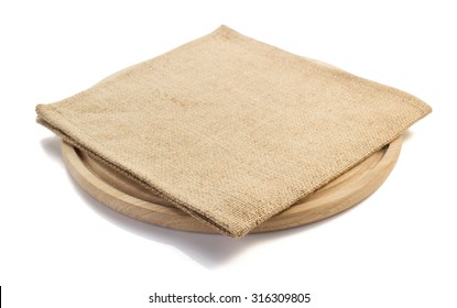 Sack Burlap Napkin At Cutting Board On White Background