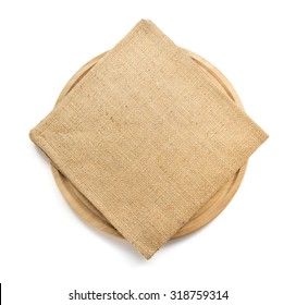 Sack Burlap Napkin At Cutting Board On White Background