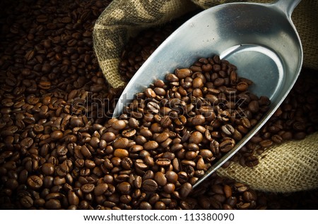 sack full of fresh coffee beans with a metal scoop