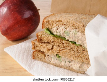 A Sack Lunch For A Child With A Tunafish Sandwich And Apple