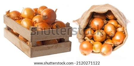 a sack with onion and wooden box with onion isolated on a white background