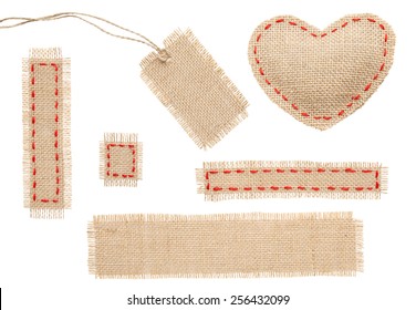 Sackcloth Heart Shape Patch Tag Label Object With Stitches Seam, Burlap Isolated Over White Background