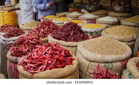 Sacks Of Food And Spices At An Indian Spice Market, Old Delhi