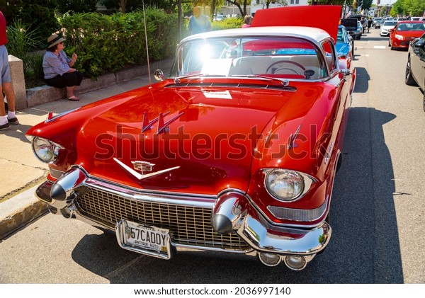 SACO, MAINE -\
JULY 24, 2021: old american car in a annual exhibition in the\
little town of Saco in Maine. The exhibition is taken in Saco every\
year at the last saturday of\
July.