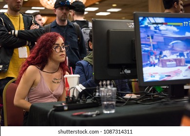 SACRAMENTO - APRIL 1, 2018: ESports Competitor Playing Street Fighter V: Arcade Edition At Video Game Tournament NCR NorCal Regionals 2018.