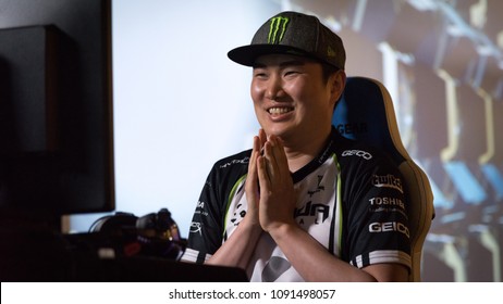 SACRAMENTO - APRIL 1, 2018: ESports Competitor Seonwoo “Infiltration” Lee Of Team PG Panda Global Playing Street Fighter V: Arcade Edition (SFV) At Video Game Tournament NCR NorCal Regionals 2018.