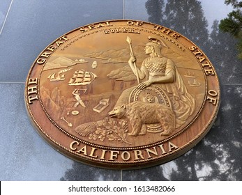 Sacramento, CA - January 11, 2020: The Great Seal of the State of California on a black granite building wall. 