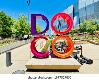 Sacramento, CA - May 12, 2021: Downtown Commons, DOCO Sign Next To Golden 1 Center. 