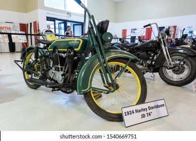 Sacramento, CA - October 20, 2019:  1924 Harley Davidson JD 74 vintage motorcycle at a show on display.