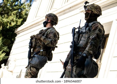 Sacramento, CA, United States - Jan. 16, 2021: The California National Guard Secure California Capitol Mall Grounds Amid Concerns Of Violent Protests During Inauguration Week.