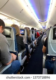 SACRAMENTO, CA, USA - APR 18, 2019: Delta Airlines Aircraft Interior Full Of Passengers