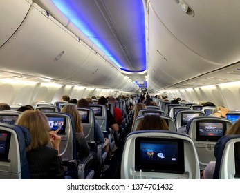 SACRAMENTO, CA, USA - APR 18, 2019: Delta Airlines Aircraft Interior Full Of Passengers