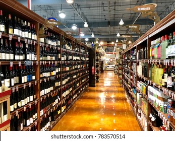 SACRAMENTO, CA, USA - DEC 29, 2017: The Nugget Grocery Store Shopping Aisle For Wines And Liquor.