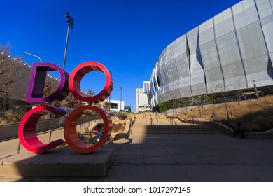 SACRAMENTO, CA, USA - FEB 2, 2018:  DOCO Company Logo On Golden 1 Center Stadium 