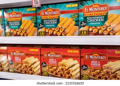 Sacramento, CA, USA January 31st 2022 Boxes of El Monterey Brand Frozen Mexican Food for sell at a supermarket