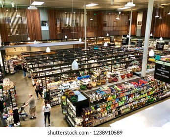 SACRAMENTO, CA, USA - OCT 9, 2018: Aerial View Of Coop Grocery Store Shopping Aisle , A High End Store In Northern California,