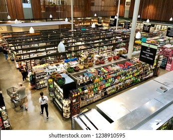 SACRAMENTO, CA, USA - OCT 9, 2018: Aerial View Of Coop Grocery Store Shopping Aisle , A High End Store In Northern California,