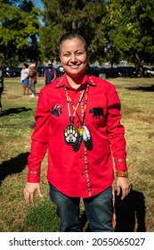 SACRAMENTO, CA, U.S.A. - OCTOBER 9, 2021: Kristina Padilla, A Transgender, Two-spirited Gender Fluid Person Poses As Part Of National Trans Visibility March Day. Padilla Is ApacheCherokee.affiliated.