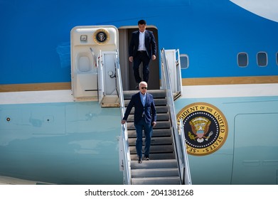 SACRAMENTO, CA, US.A. - SEPT. 13, 2021: President Joe Biden descends the steps from Air Force One after arriving to get updated on the State's wildfire response from the Office of Emergency Services.