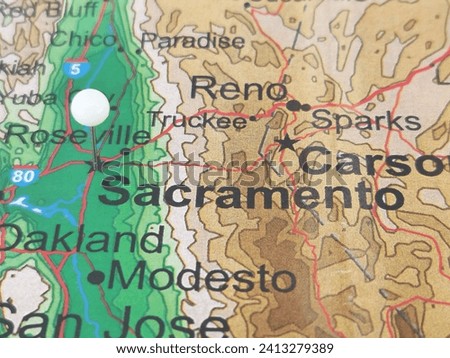 Sacramento, California marked by a white map tack. Sacramento is the  capital of the state of California and the county seat of Sacramento County, CA.
